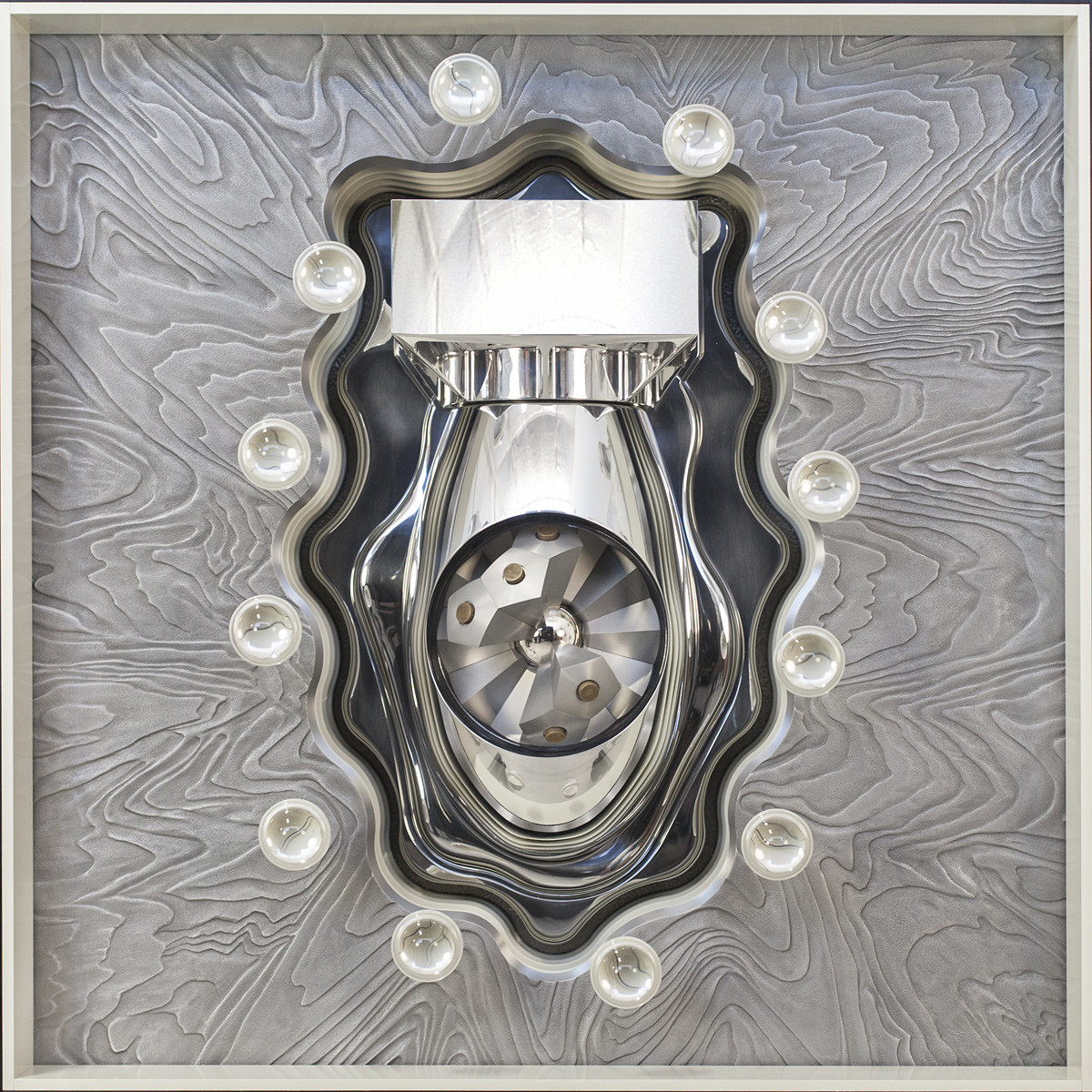 Fat Man and Little Boy, 2013 <b>Diptych<br />
( left )<br />
Aluminum, stainless steel, brass, nickel, acrylic, paint, anodize<br />
43" x 44" x 12"</b>