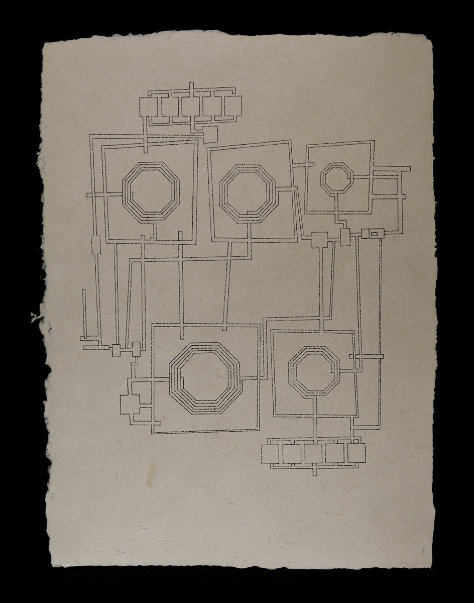 This layout represents the proposed UWBLNA circuit for fabrication in TSMC'S 0.18 – μM CMOS process. 2014<b>Ink on Handmade Yucatan Paper<br />
12 3/4" x 17 1/8"</b>