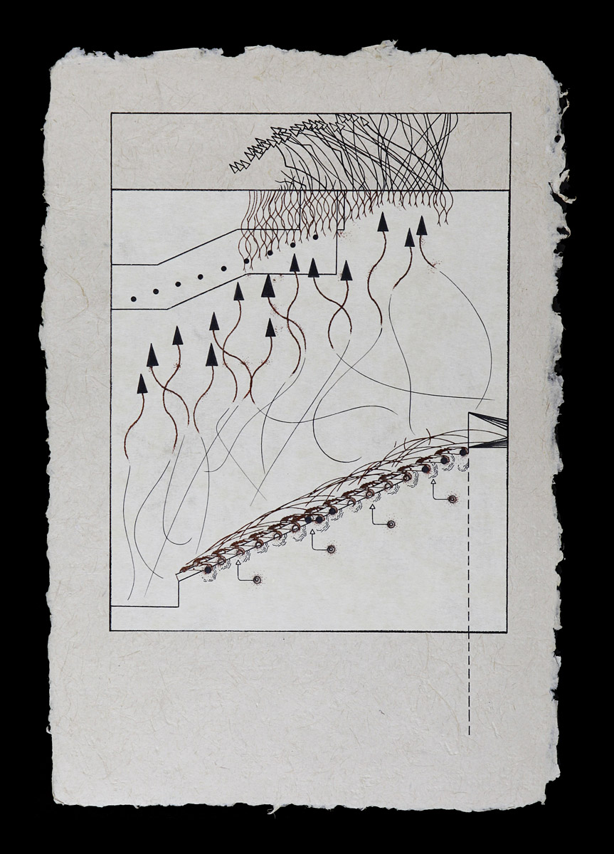 Fuel enters the furnace and goes through the different stages of combustion, 2013<b>Ink and Japan Paper on Yucatan Paper<br />
8 1/4" x 12 1/4"</b>