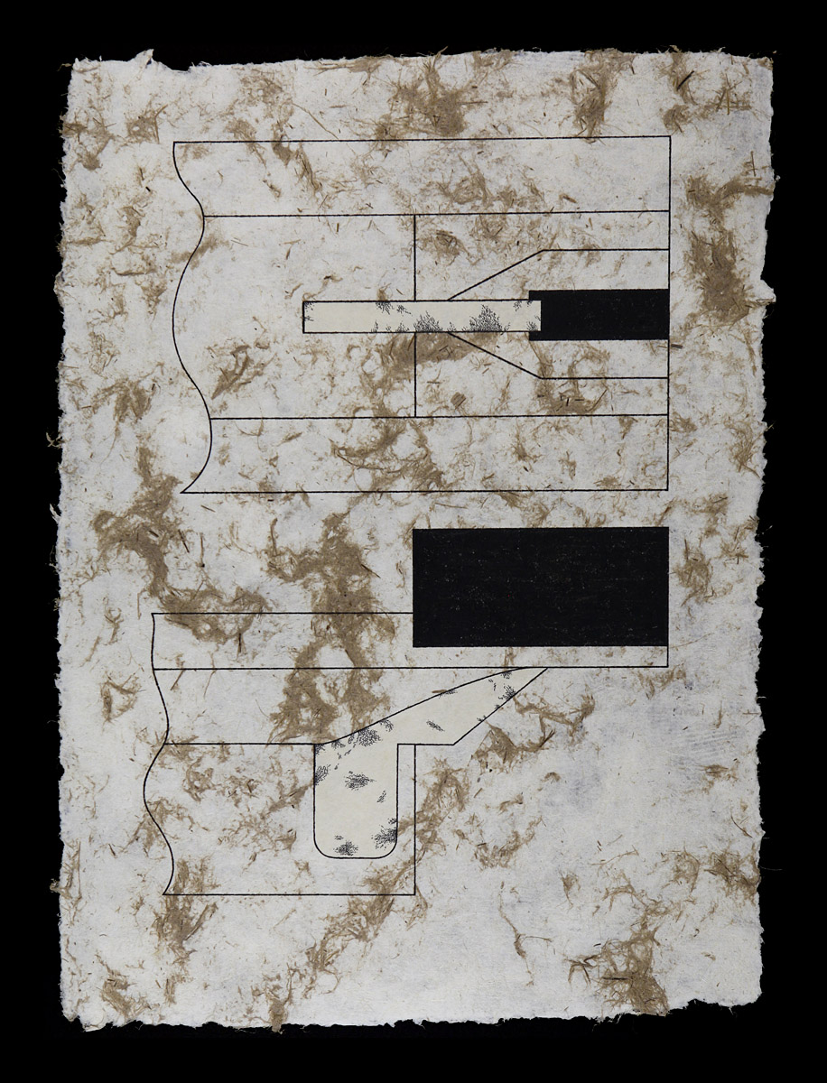 Miscellaneous device number 041 with metallic ridge and wave guide, 2010 <b>Ink and Japan Paper on Handmade Yucatan Paper<br />
12 1/2" x 17 3/8"</b>